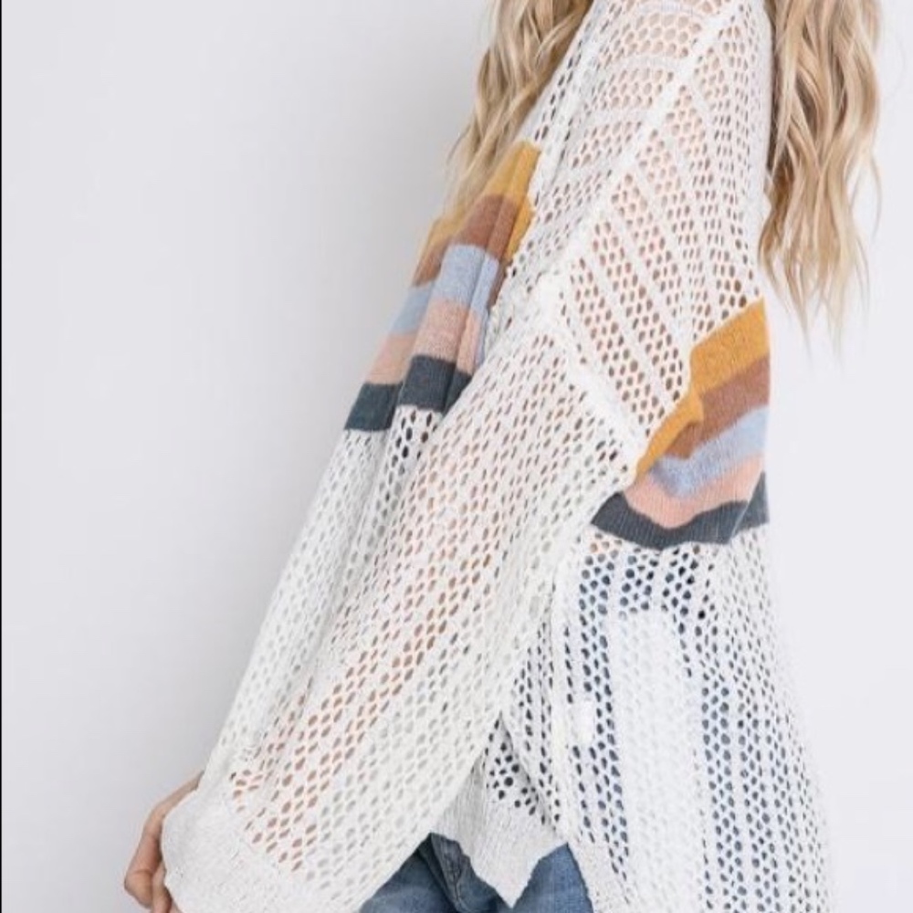 Boutique ColorBlock Relaxed Fishnet Knit Sweater - Picture 3 of 6